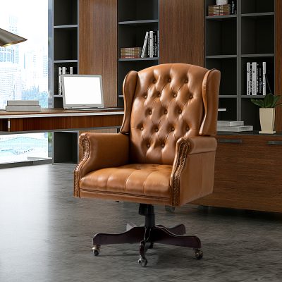 Amadeo Camel Faux Leather Tufted Wingback Swivel Executive Chair