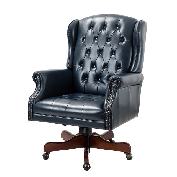 Amadeo Navy Faux Leather Tufted Wingback Swivel Executive Chair 1
