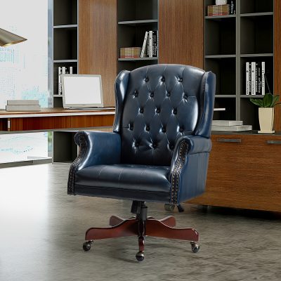 Amadeo Navy Faux Leather Tufted Wingback Swivel Executive Chair