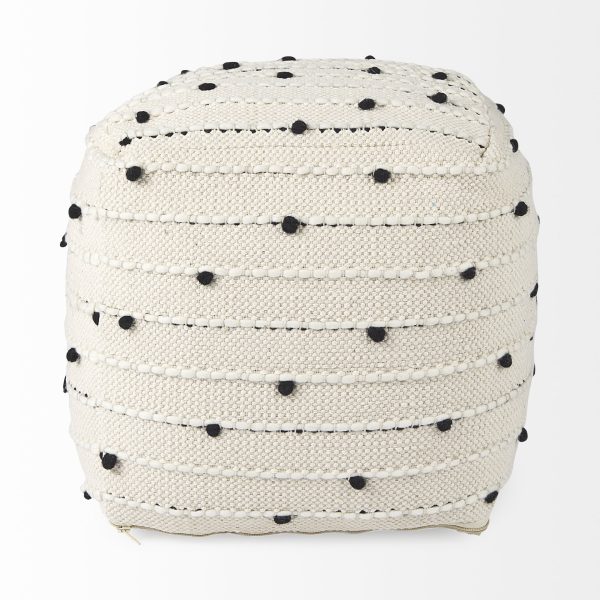 Amaira 16.0L x 16.0W x 16.0H CreamBlackWhite patterned Wool and Cotton Pouf 2
