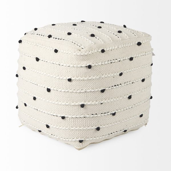 Amaira 16.0L x 16.0W x 16.0H CreamBlackWhite patterned Wool and Cotton Pouf 3