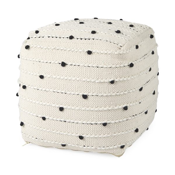 Amaira 16.0L x 16.0W x 16.0H CreamBlackWhite patterned Wool and Cotton Pouf
