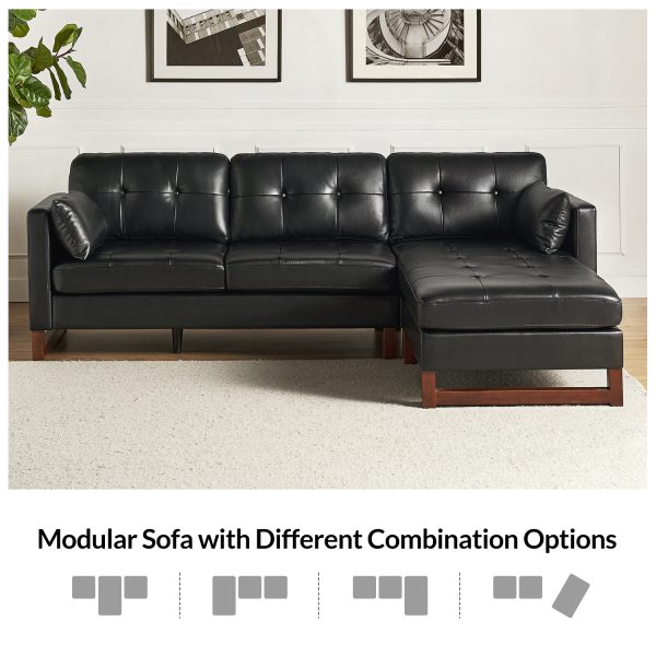 Amando Black Genuine Leather Mid Century Modern Modular Sectional 2