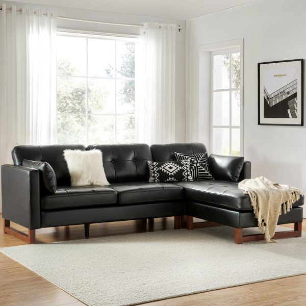 Amando Black Genuine Leather Mid Century Modern Modular Sectional