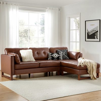 Amando Brown Genuine Leather Mid-Century Modern Modular Sectional