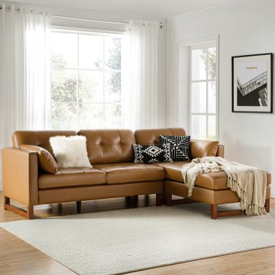 Amando Camel Leather Mid-Century Modern Modular Sectional Sofa