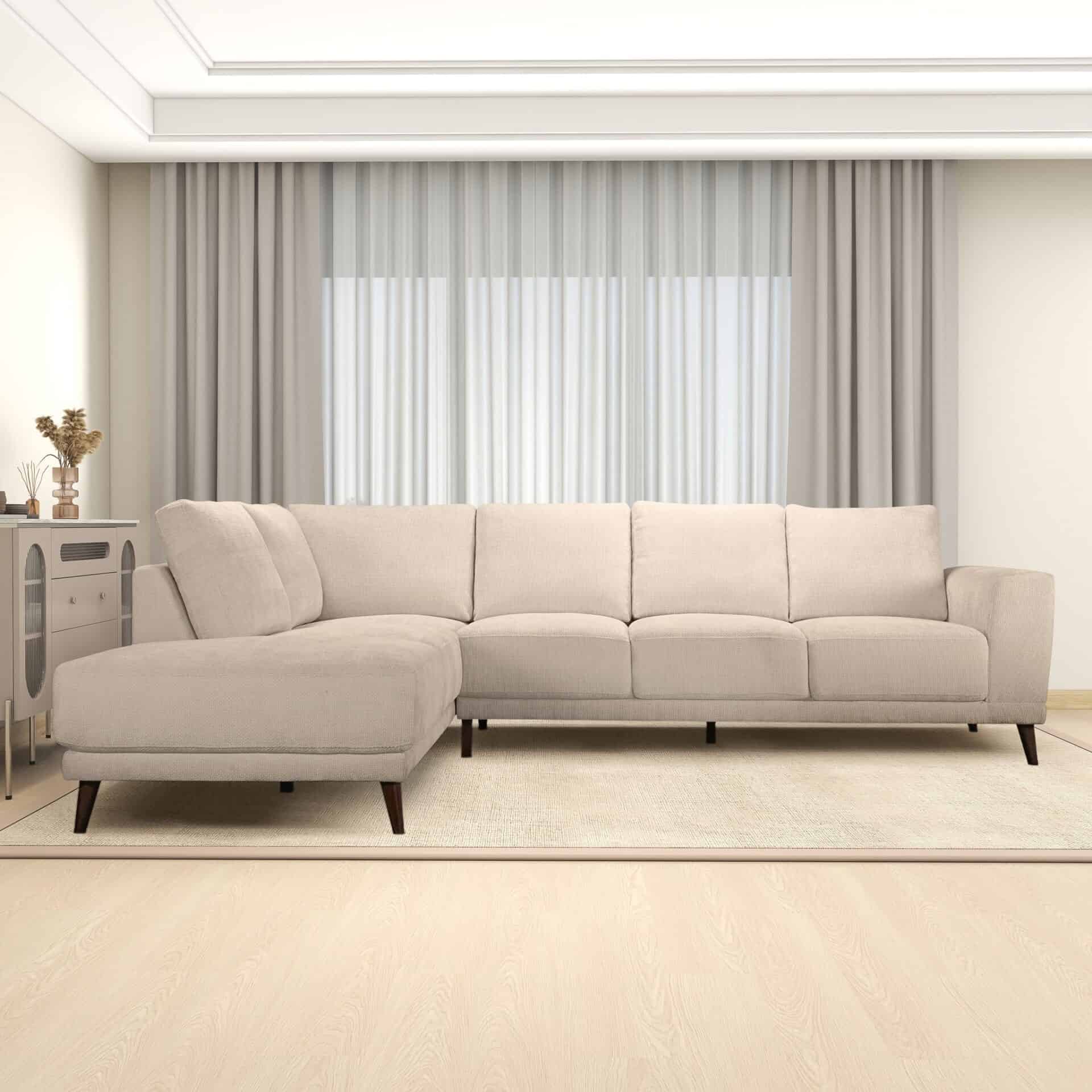Cream Fabric Mid-Century Modern Sectional Sofa with Wood Legs 3 Cream Fabric Mid-Century Modern Sectional Sofa with Wood Legs - Image 3