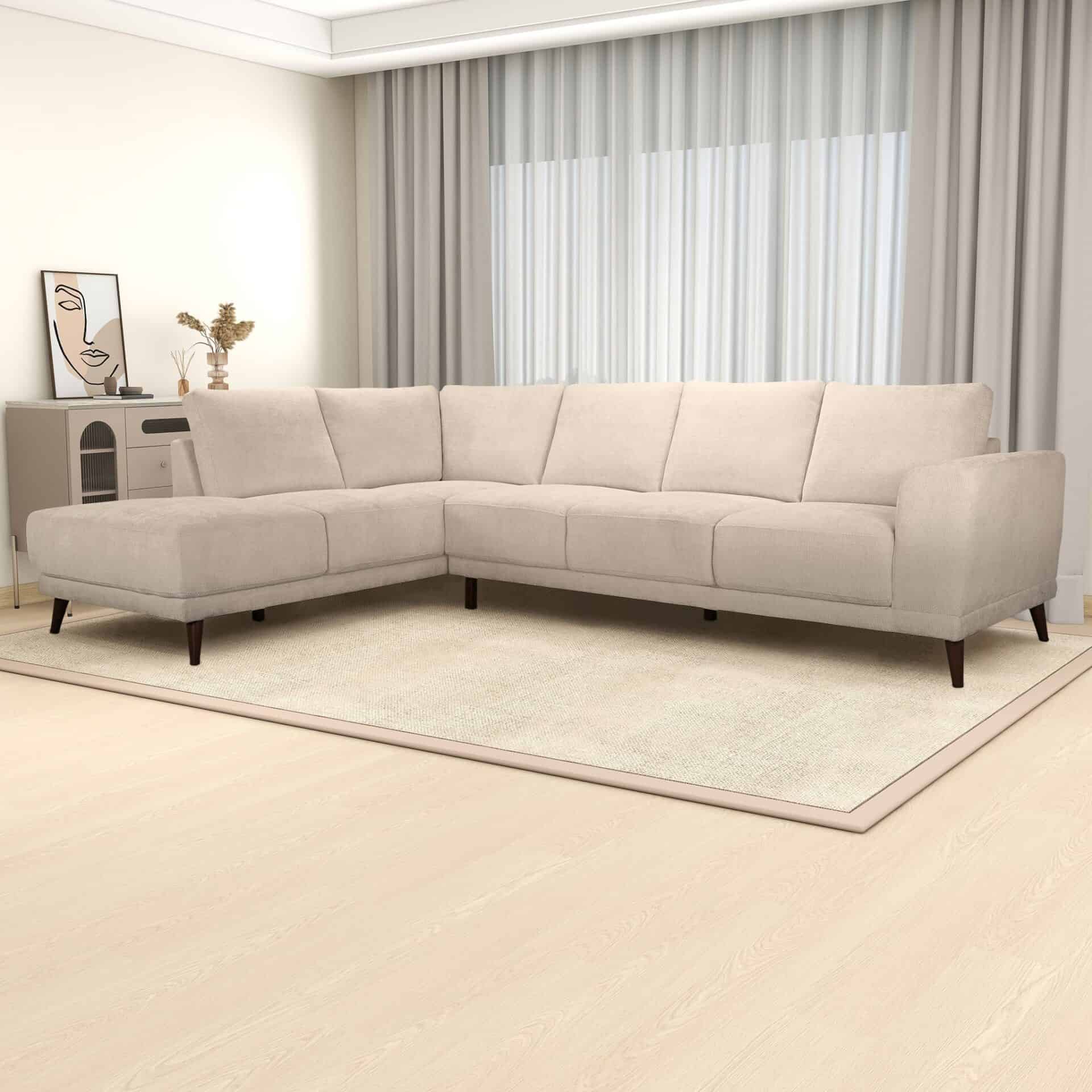 Cream Fabric Mid-Century Modern Sectional Sofa with Wood Legs 2 Cream Fabric Mid-Century Modern Sectional Sofa with Wood Legs - Image 2