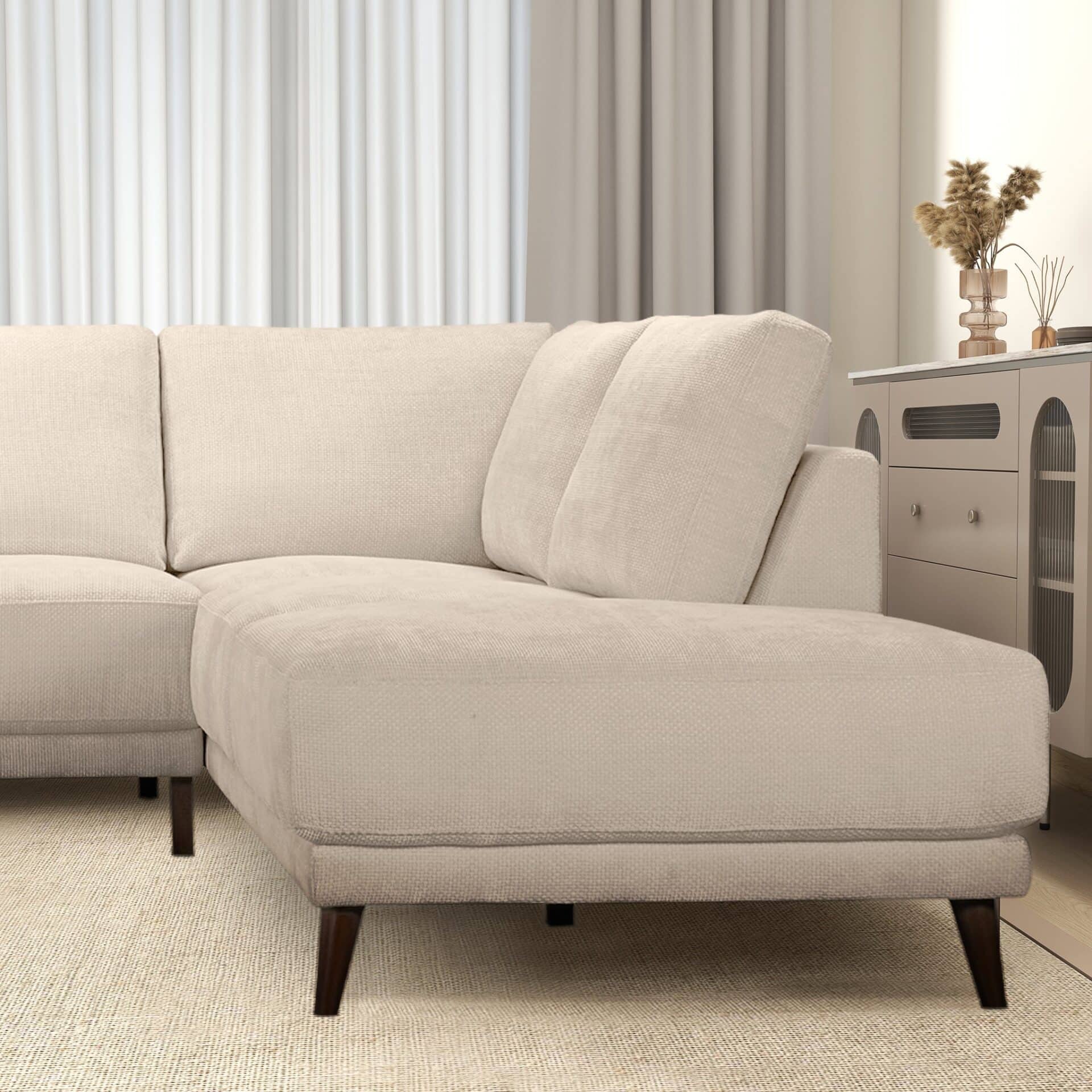 Cream Fabric Mid-Century Modern Sectional Sofa with Wooden Legs 4 Cream Fabric Mid-Century Modern Sectional Sofa with Wooden Legs - Image 4