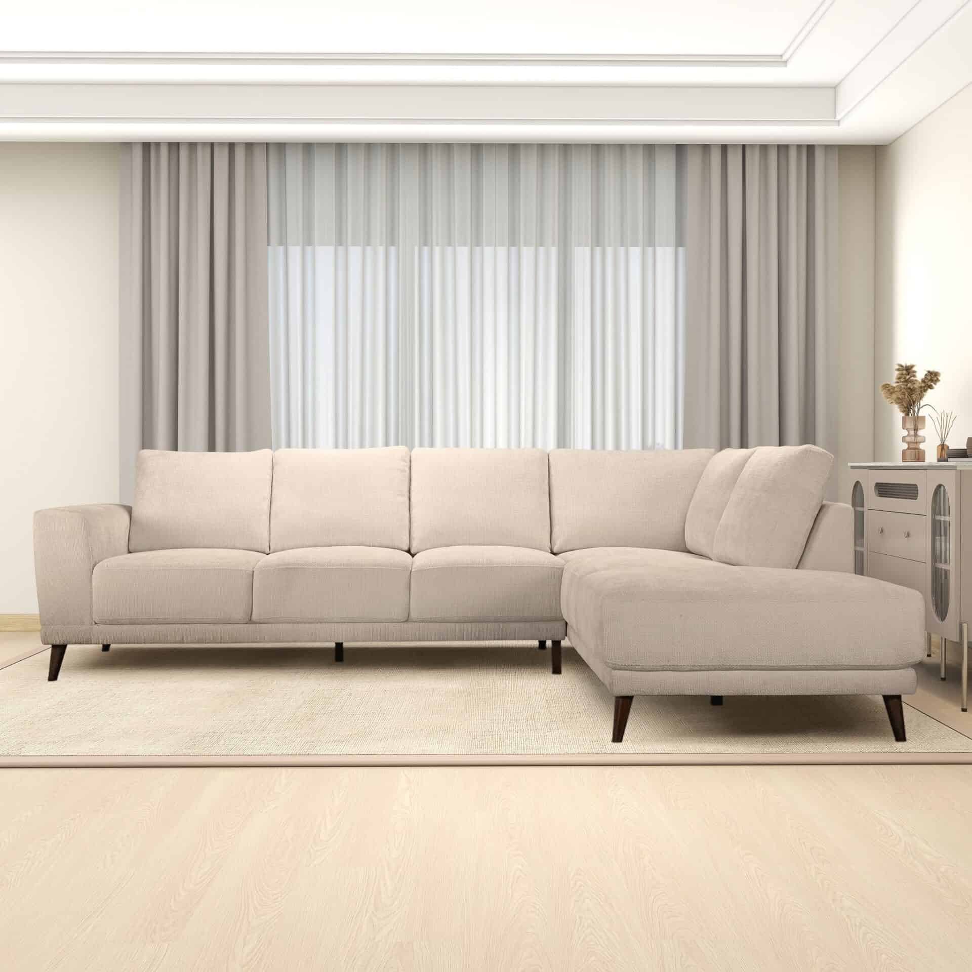 Cream Fabric Mid-Century Modern Sectional Sofa with Wooden Legs 2 Cream Fabric Mid-Century Modern Sectional Sofa with Wooden Legs - Image 2