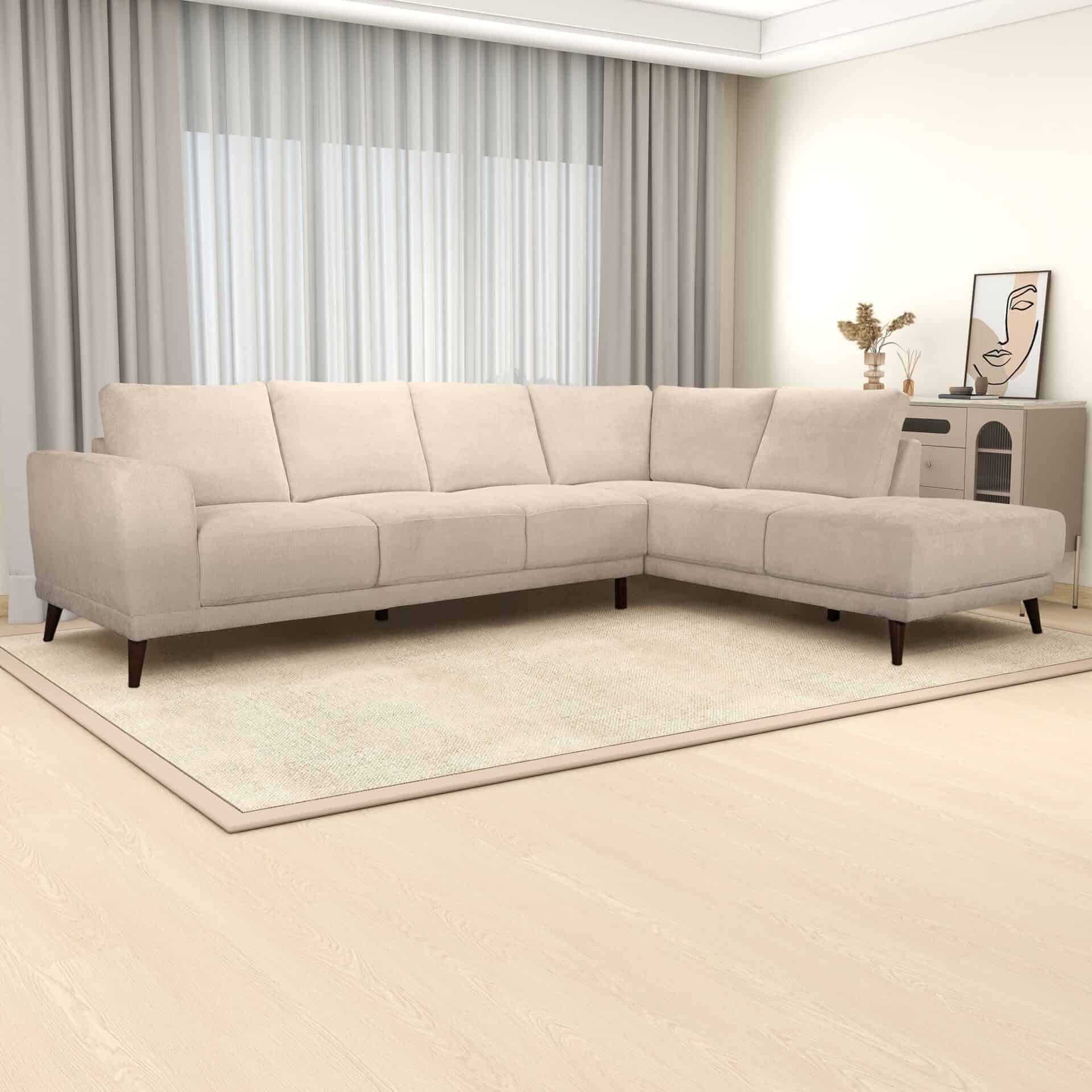 Cream Fabric Mid-Century Modern Sectional Sofa with Wooden Legs 3 Cream Fabric Mid-Century Modern Sectional Sofa with Wooden Legs - Image 3