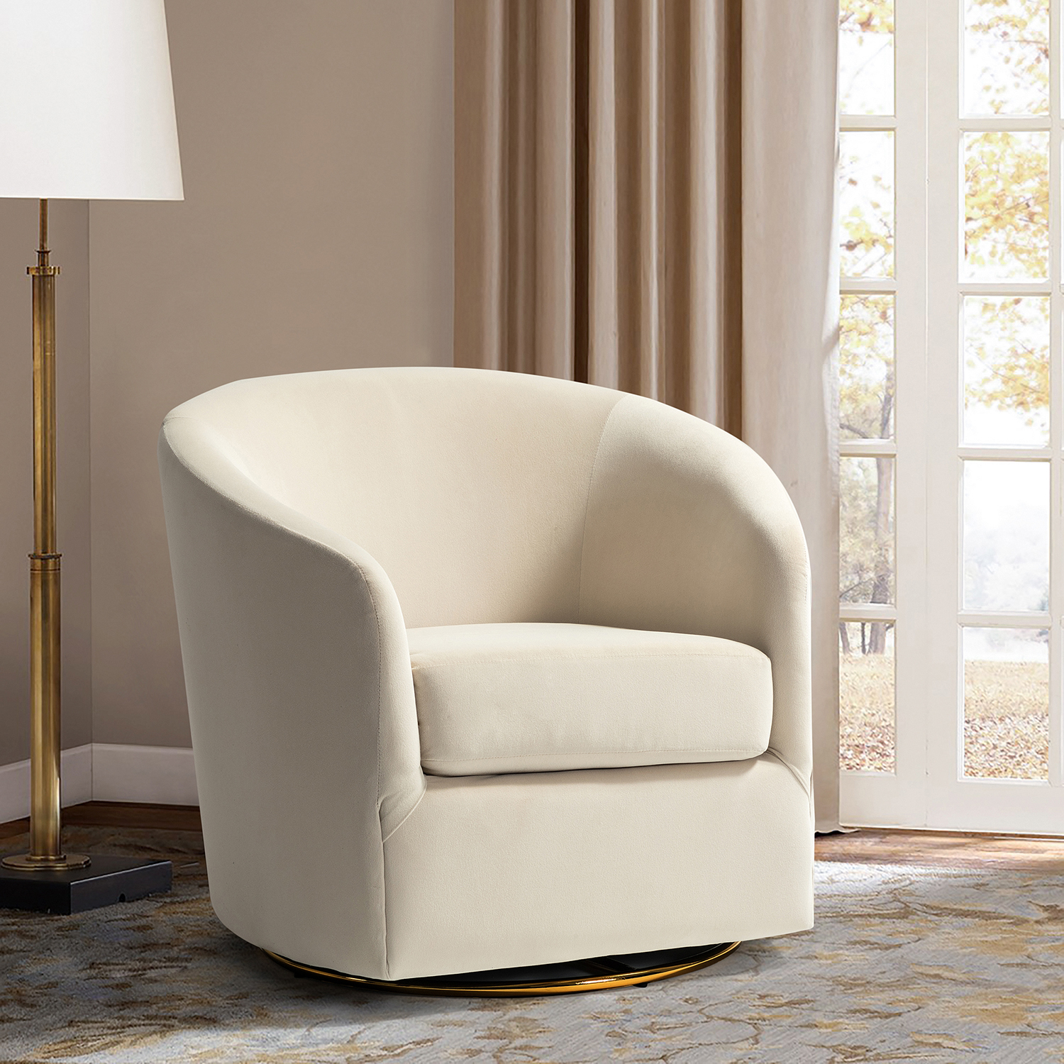 Amarante Tan Velvet Gold Swivel Barrel Accent Chair 1 Amarante Tan Velvet Gold Swivel Barrel Accent Chair