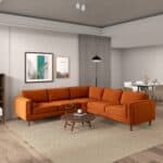 Orange Velvet Corner Sectional Sofa with Mid-Century Design