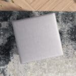 Light Grey Linen Upholstered Ottoman with Mid-Century Wood Legs