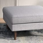 Light Grey Linen Upholstered Ottoman with Mid-Century Wood Legs