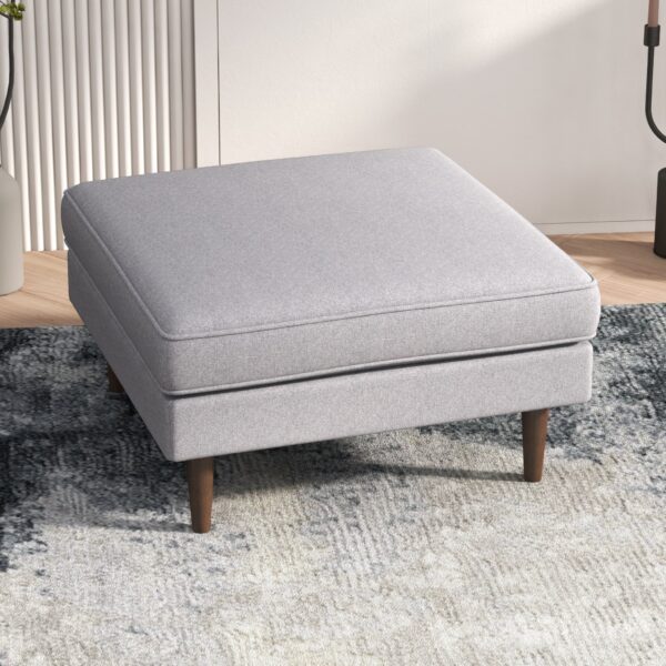 Light Grey Linen Upholstered Ottoman with Mid-Century Wood Legs