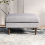 Light Grey Linen Upholstered Ottoman with Mid-Century Wood Legs