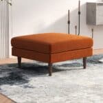 Orange Velvet Mid-Century Ottoman with Solid Wood Legs