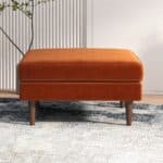 Orange Velvet Mid-Century Ottoman with Solid Wood Legs