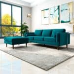 Teal Velvet Mid-Century Ottoman with Solid Wood Legs