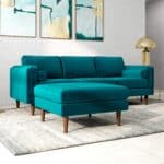 Teal Velvet Mid-Century Ottoman with Solid Wood Legs