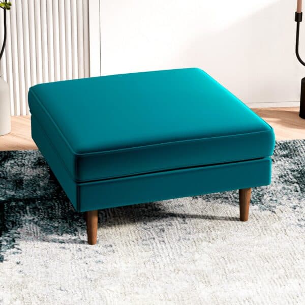 Teal Velvet Mid-Century Ottoman with Solid Wood Legs