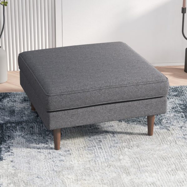 Mid-Century Grey Linen Ottoman with Solid Wood Legs
