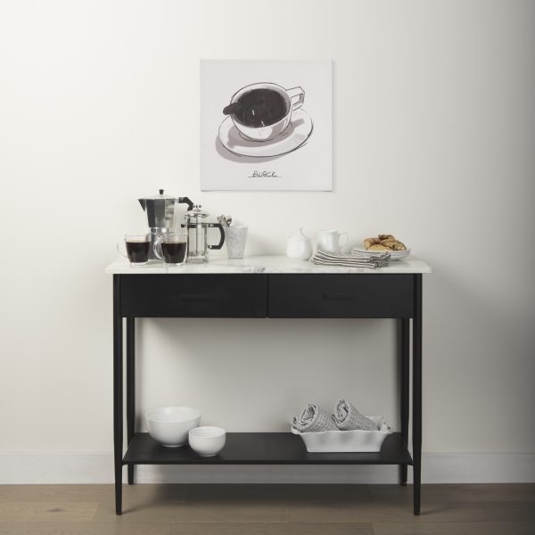 Amika White Marble Top Black Metal Base Console Table 1