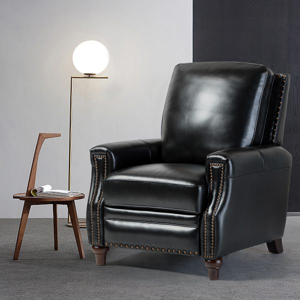 Amil Black Genuine Leather Nailhead Trim Mid Century Modern Recliner