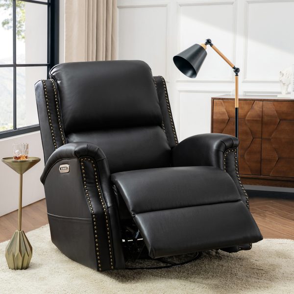 Andreas Black Genuine Leather Electric Swivel Rocking Nailhead Recliner 1