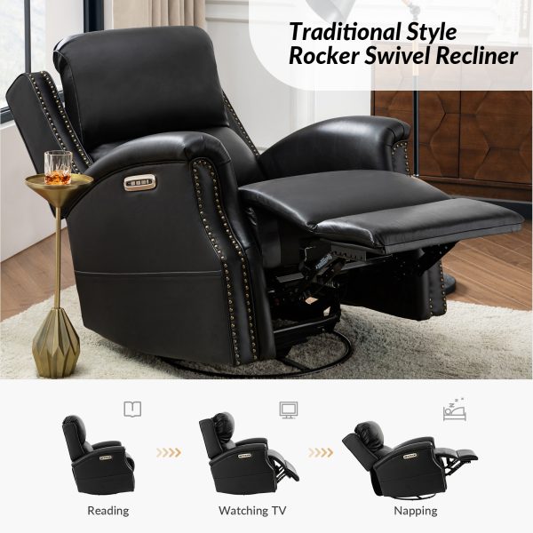 Andreas Black Genuine Leather Electric Swivel Rocking Nailhead Recliner 3