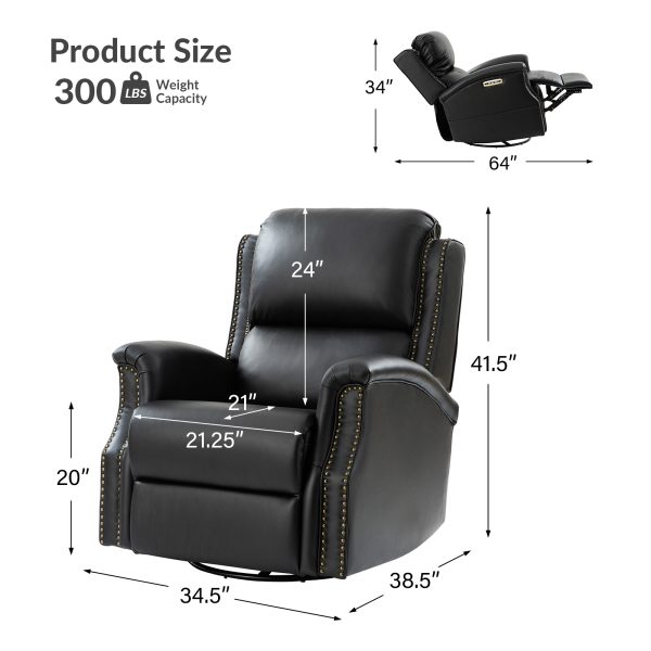 Andreas Black Genuine Leather Electric Swivel Rocking Nailhead Recliner 4