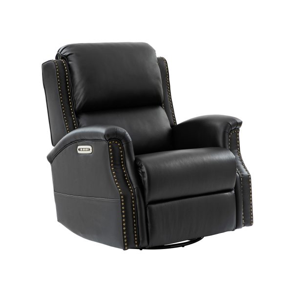 Andreas Black Genuine Leather Electric Swivel Rocking Nailhead Recliner