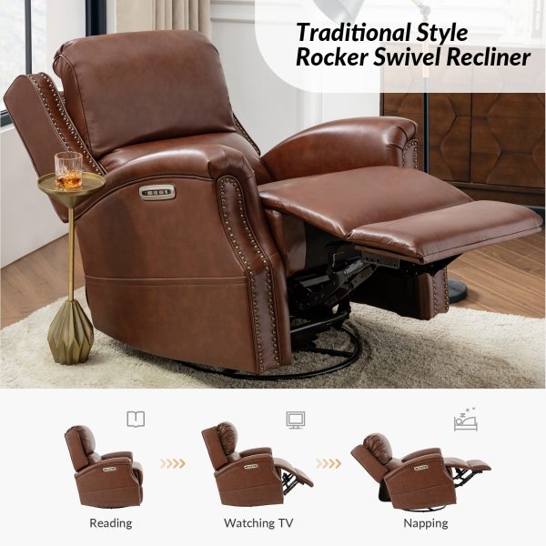 Andreas Brown Leather Electric Rocking Swivel Recliner with Heat and USB 3