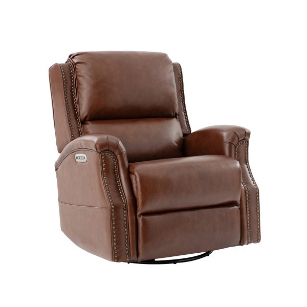 Andreas Brown Leather Electric Rocking Swivel Recliner with Heat and USB