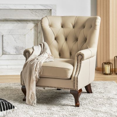 Anthony Beige Genuine Leather Wingback Armchair