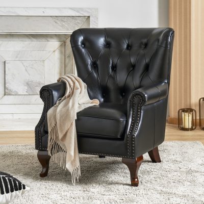 Anthony Black Genuine Leather Wingback Nailhead Trim Armchair