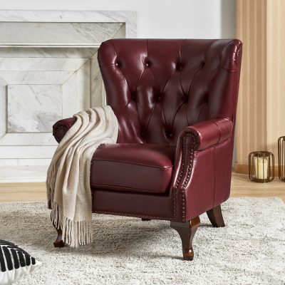 Anthony Burgundy Genuine Leather Wingback Armchair