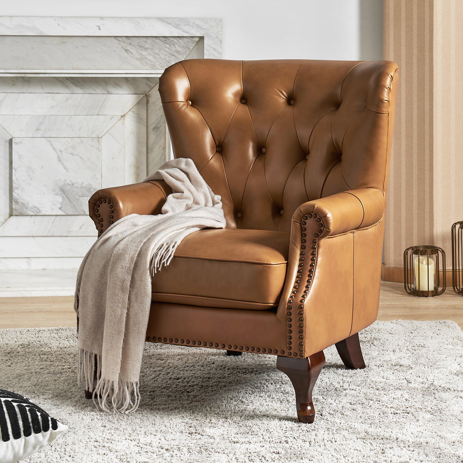 Anthony Camel Genuine Leather Wingback Accent Armchair 1 Anthony Camel Genuine Leather Wingback Accent Armchair