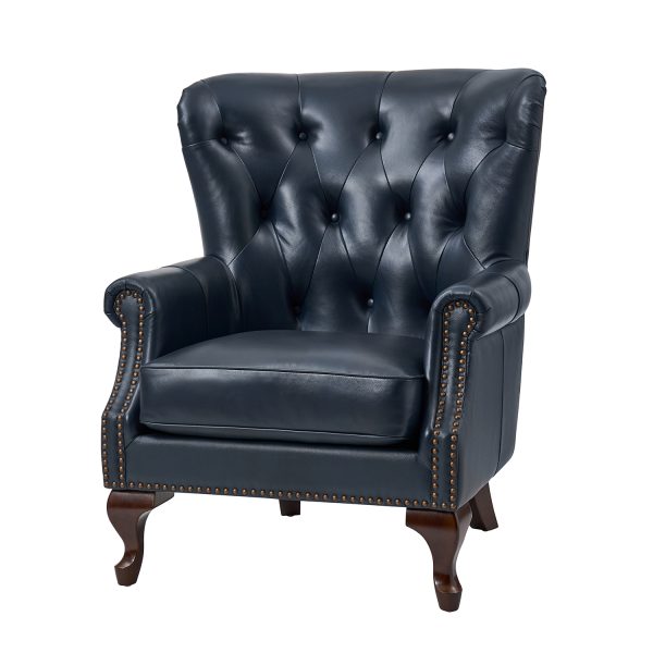 Anthony Navy Genuine Leather Wingback Armchair with Nailhead Trim 1