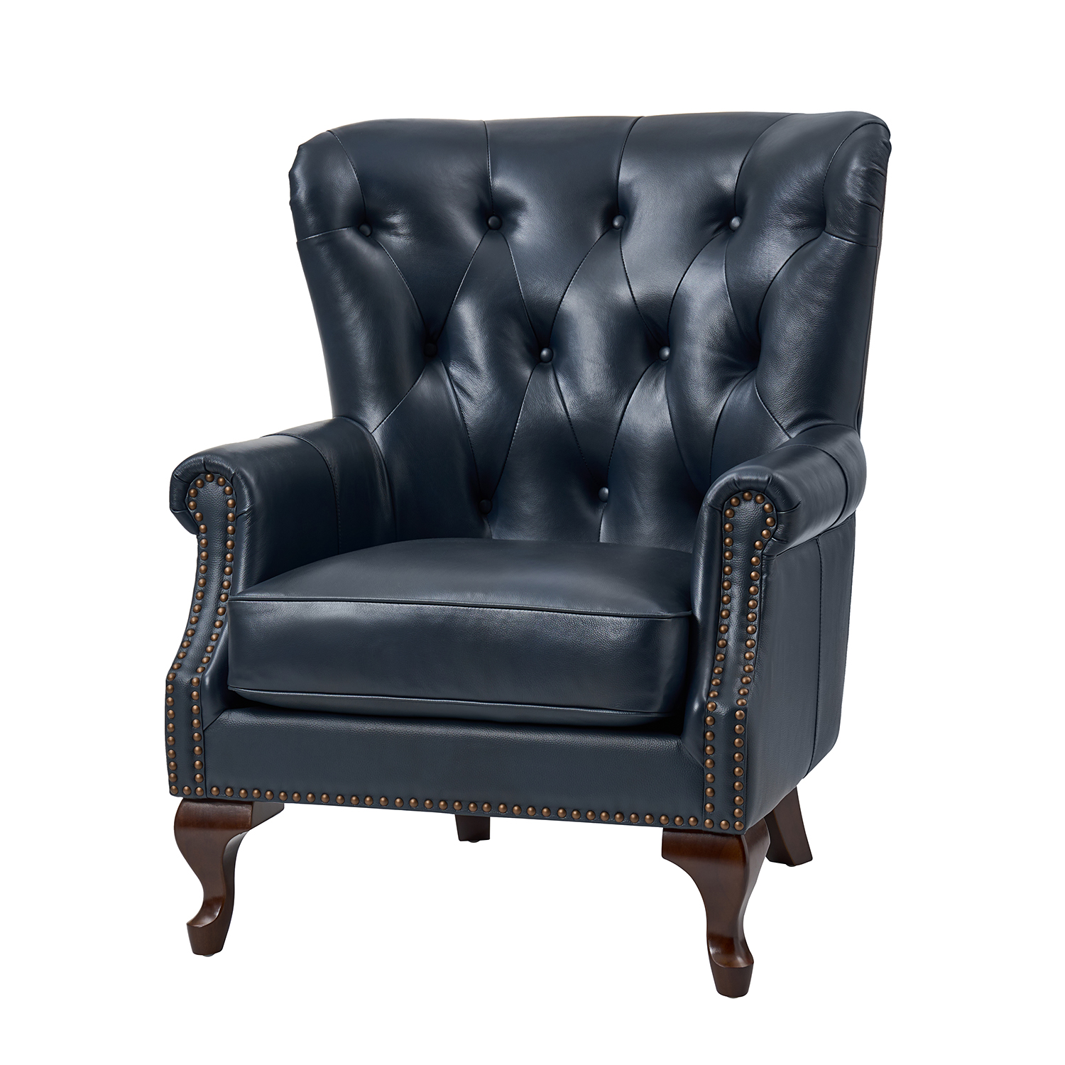 Anthony Navy Genuine Leather Wingback Armchair with Nailhead Trim 2 Anthony Navy Genuine Leather Wingback Armchair with Nailhead Trim - Image 2