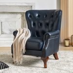 Anthony Navy Genuine Leather Wingback Armchair with Nailhead Trim 6 Anthony Navy Genuine Leather Wingback Armchair with Nailhead Trim