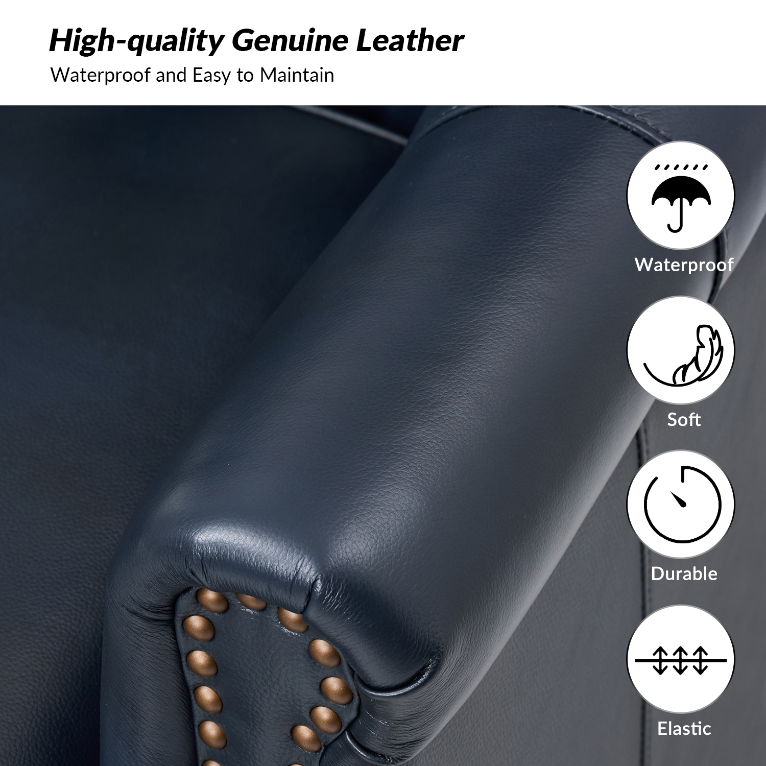 Anthony Navy Genuine Leather Wingback Armchair with Nailhead Trim 3 Anthony Navy Genuine Leather Wingback Armchair with Nailhead Trim - Image 3