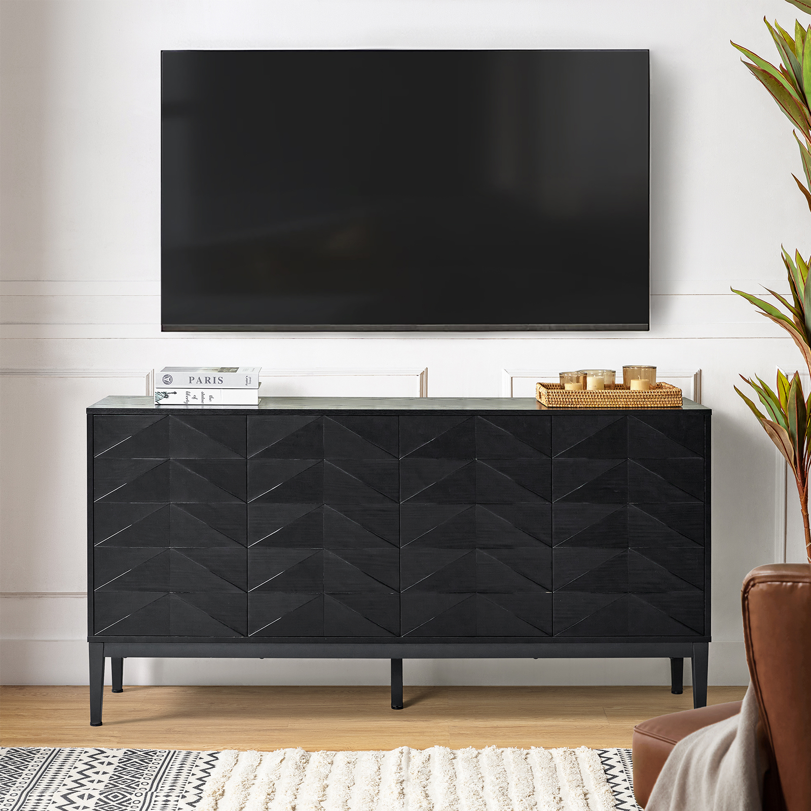 Anton Black Geometric 4-Door Mid-Century Modern Sideboard 2 Anton Black Geometric 4-Door Mid-Century Modern Sideboard - Image 2