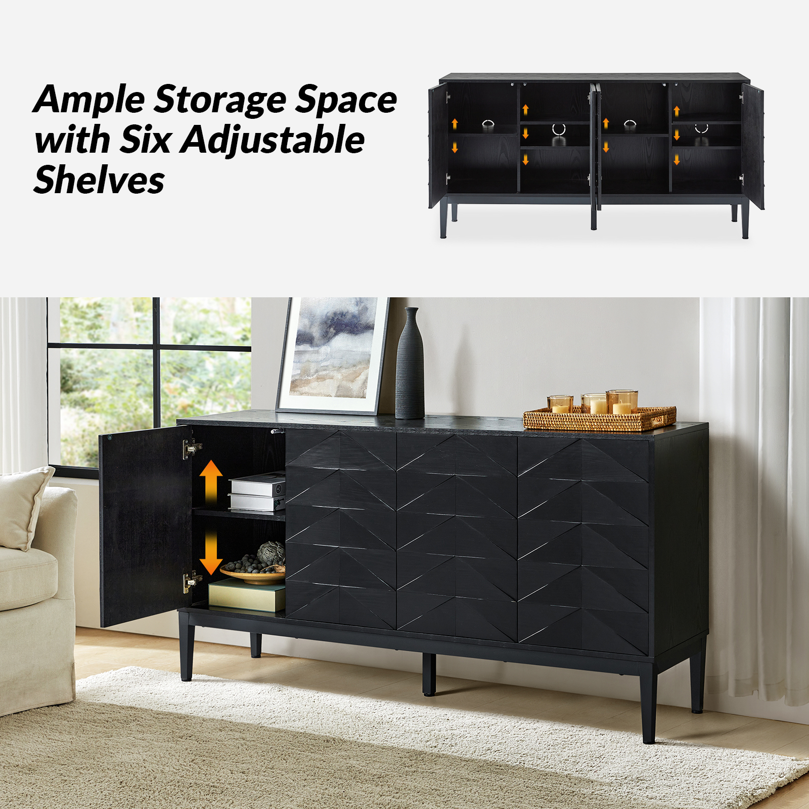 Anton Black Geometric 4-Door Mid-Century Modern Sideboard 3 Anton Black Geometric 4-Door Mid-Century Modern Sideboard - Image 3