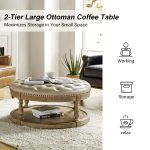 Antonia Beige Vegan Leather Round Cocktail Ottoman with Storage