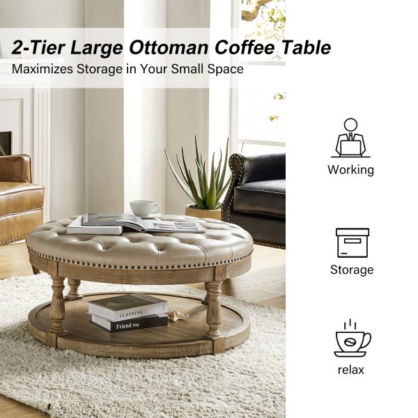 Antonia Beige Vegan Leather Round Cocktail Ottoman with Storage 3