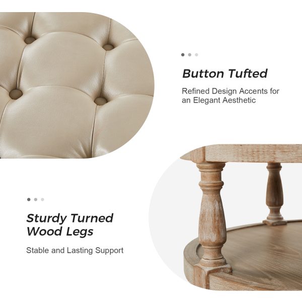Antonia Beige Vegan Leather Round Cocktail Ottoman with Storage 4