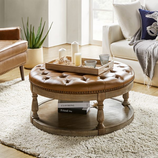 Antonia Camel Vegan Leather Tufted Spindle Leg Ottoman