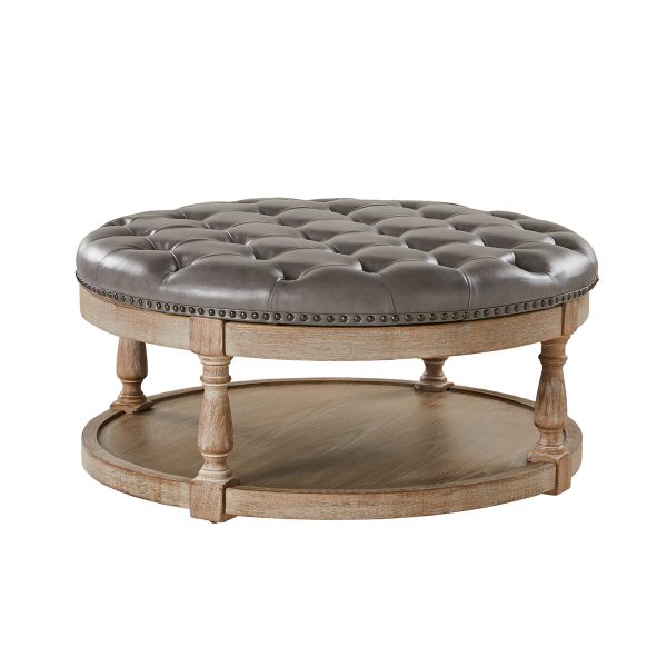 Antonia Grey Vegan Leather Tufted Round Storage Cocktail Ottoman 1